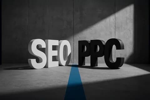 אותיות תלת-ממד SEO לבנות מול PPC שחורות עם קו כחול ביניהן בחלל תעשייתי אפור