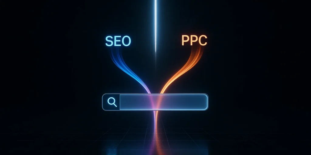 פס אור מחלק: זרם SEO כחול וזרם PPC כתום נכנסים לשורת חיפוש