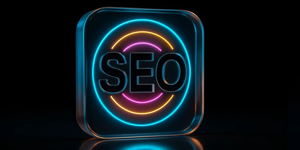 אייקון ניאון “SEO” בתוך טבעות צבעוניות, החזר השקעה