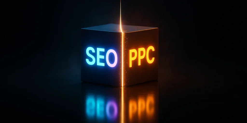קוביית ניאון עם חלוקה חדה: צד SEO כחול, צד PPC כתום