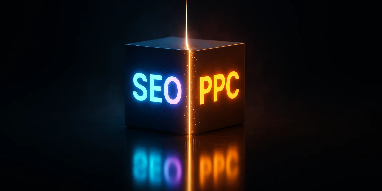 קוביית ניאון עם חלוקה חדה: צד SEO כחול, צד PPC כתום