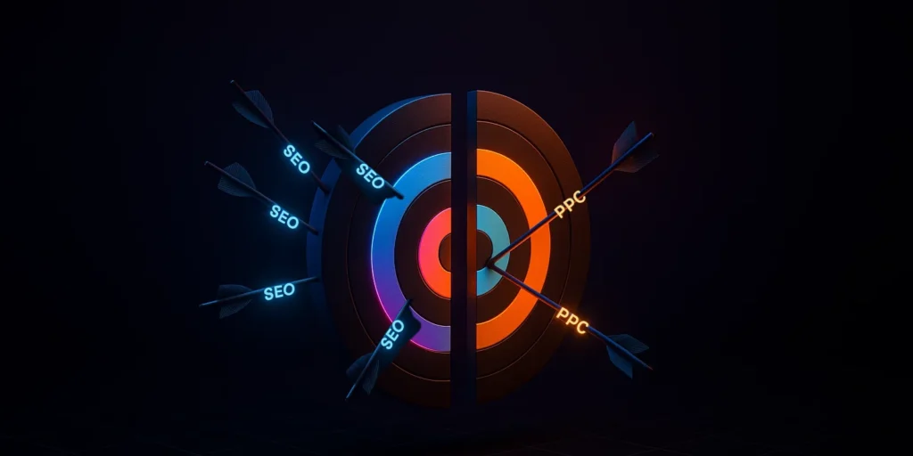 לוח מטרה חצוי: חצי SEO עם חיצים מפוזרים, חצי PPC עם בול-פגיעה