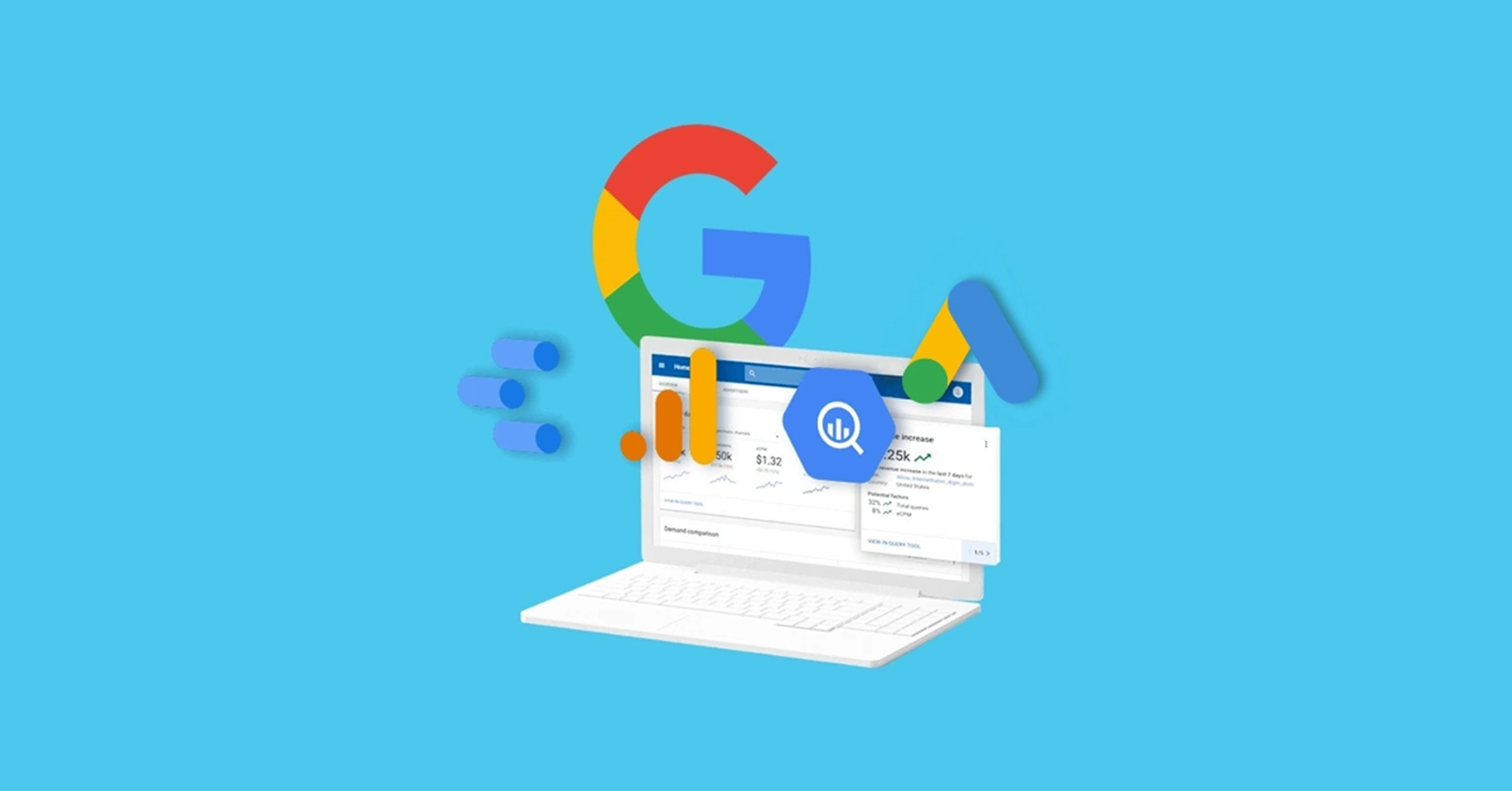 מחשב נייד עם גרפים סטטיסטיים ולוגואים של Google Ads, Google Analytics ו-BigQuery, הממחישים את המושג פרסום בגוגל לעסקים.