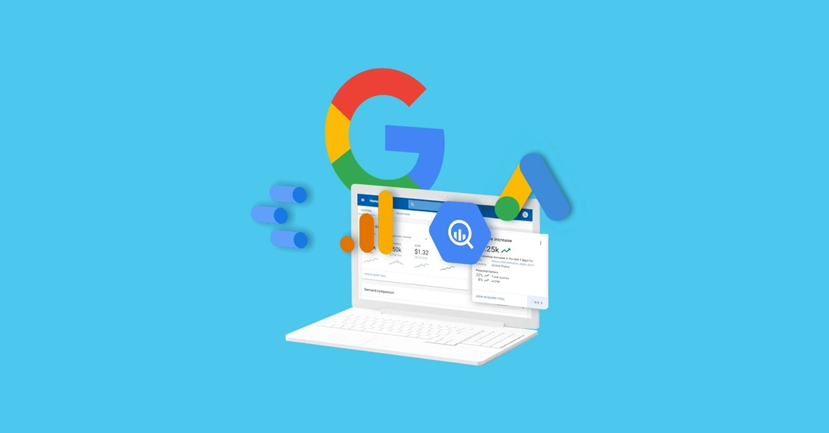 מחשב נייד עם גרפים סטטיסטיים ולוגואים של Google Ads, Google Analytics ו-BigQuery, הממחישים את המושג פרסום בגוגל לעסקים.