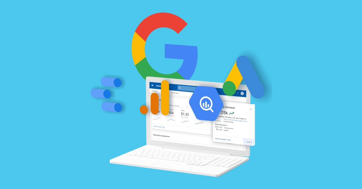 מחשב נייד עם גרפים סטטיסטיים ולוגואים של Google Ads, Google Analytics ו-BigQuery, הממחישים את המושג פרסום בגוגל לעסקים.