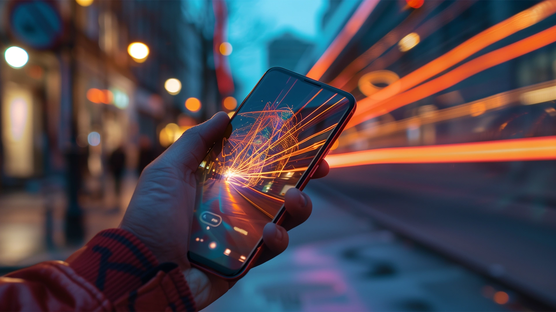 מטרת תנועה (Traffic) בקמפיין פייסבוק: משתמש מחזיק סמארטפון בעיר עם שבילי אור המסמלים קליקים וכניסות