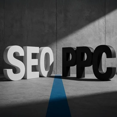 אותיות תלת-ממד SEO לבנות מול PPC שחורות עם קו כחול ביניהן בחלל תעשייתי אפור